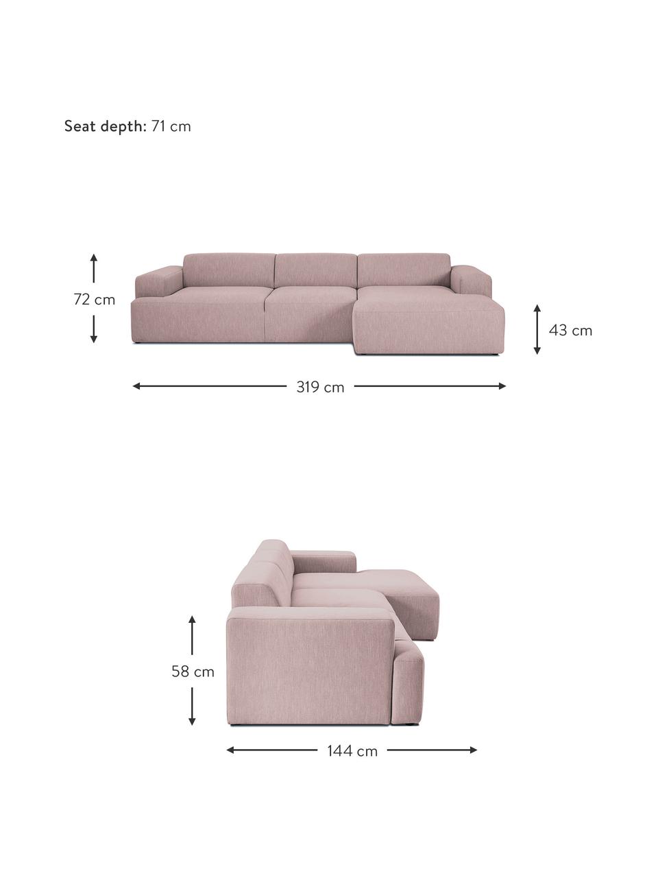 Ecksofa Melva (4-Sitzer) in Rosa, Bezug: Polyester Der hochwertige, Gestell: Massives Kiefernholz, Spa, Füße: Kiefernholz, Webstoff Rosa, B 319 x T 144 cm