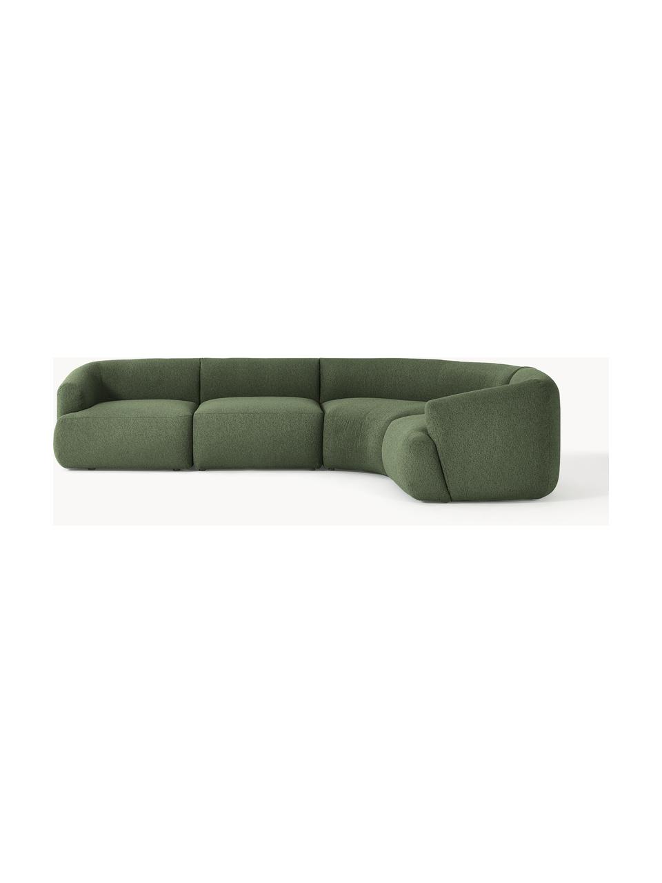 Divano angolare componibile 4 posti in bouclé Sofia, Rivestimento: bouclé (100% poliestere) , Struttura: legno di abete rosso, tru, Piedini: plastica Questo prodotto , Bouclé verde scuro, Larg. 312 x Prof. 235 cm