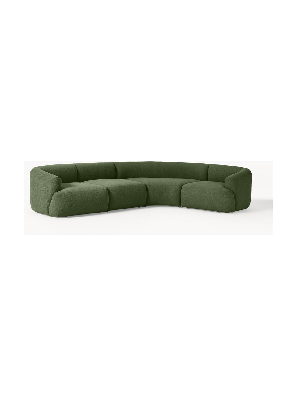 Sofá rinconera modular en tejido bouclé Sofia (4 plazas), Tapizado: tejido bouclé (100% polié, Estructura: madera de abeto con certi, Patas: plástico, Bouclé verde oscuro, An 318 x F 298 cm