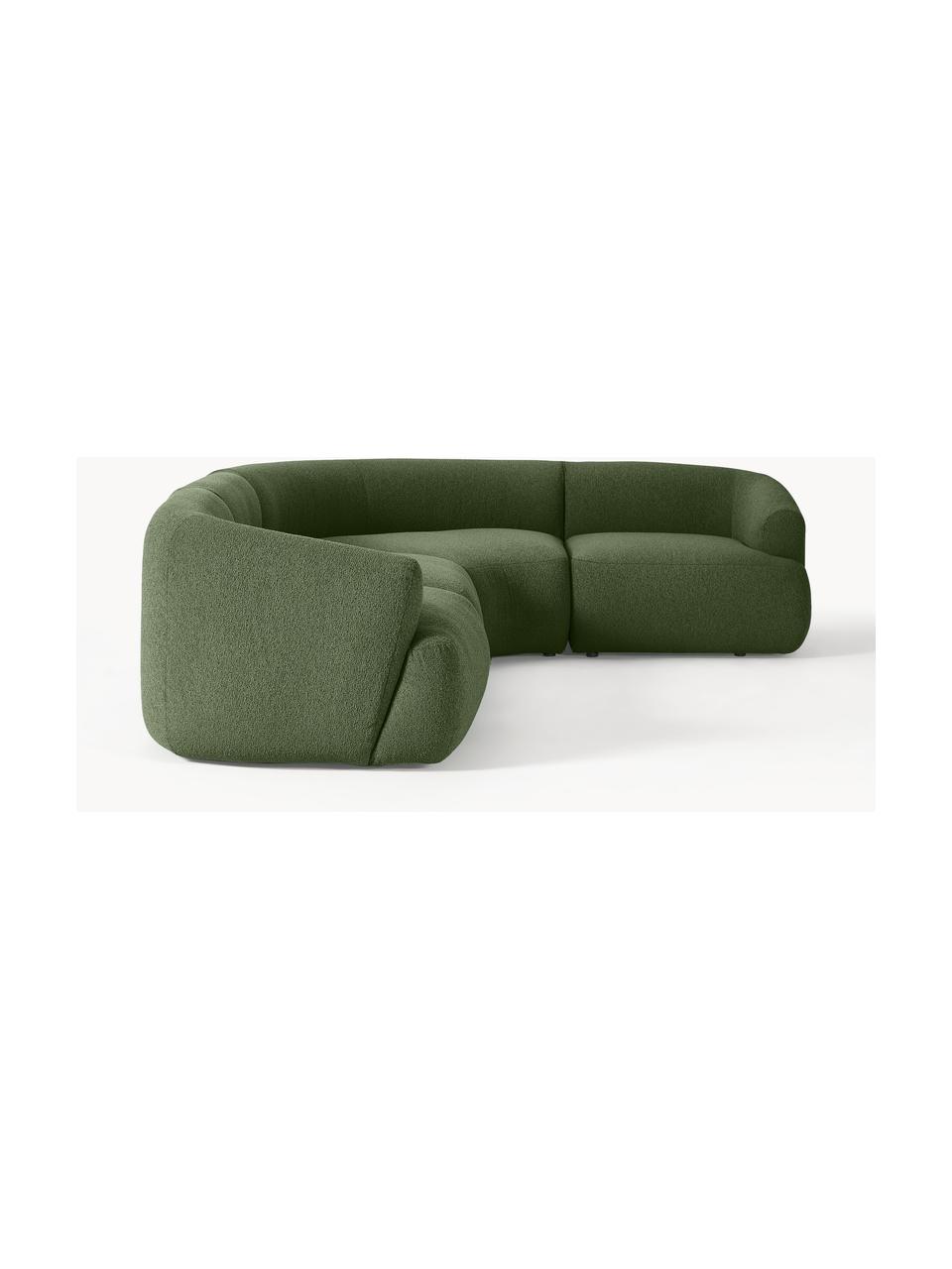 Narożna sofa modułowa bouclé Sofia (4-osobowa), Tapicerka: bouclé (100% poliester) D, Stelaż: drewno świerkowe z certyf, Nogi: tworzywo sztuczne, Ciemnozielony bouclé, S 318 x G 298 cm