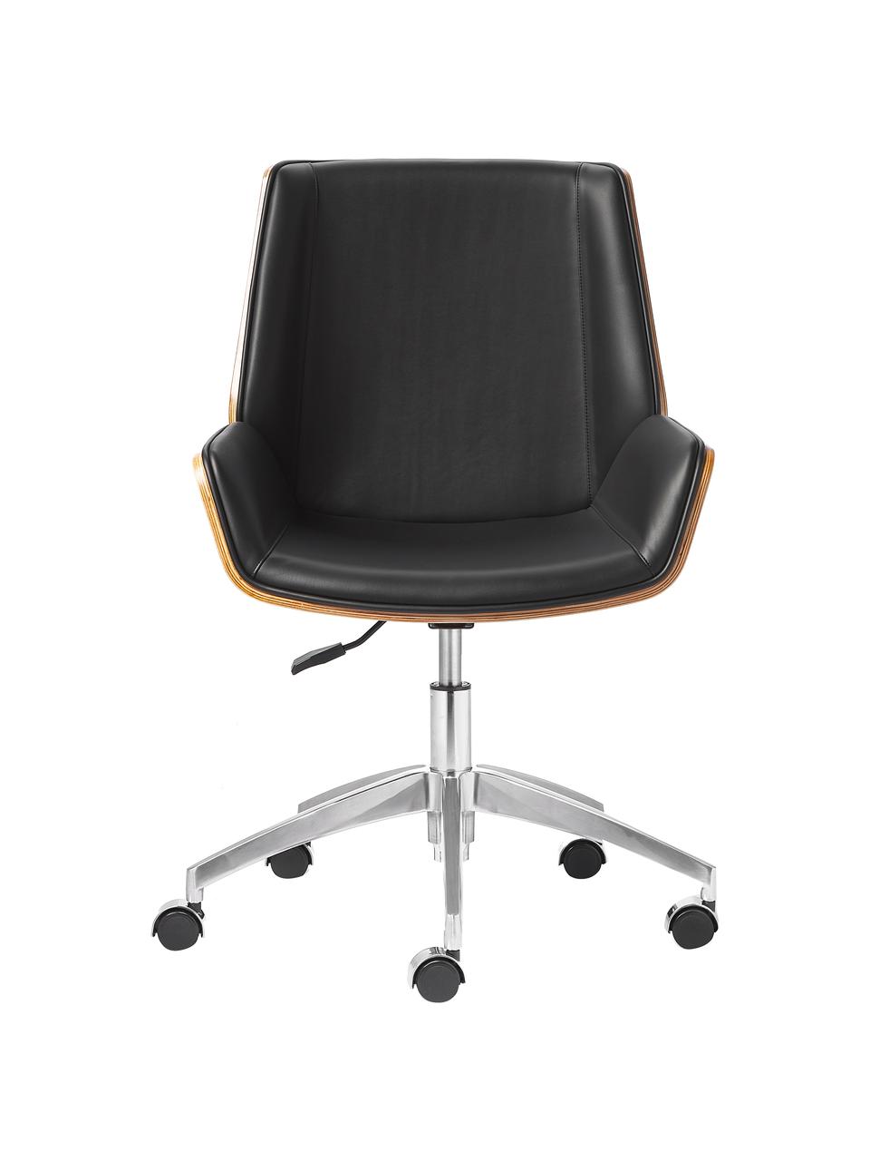Kunstleder-Schreibtischstuhl Rouven, höhenverstellbar, Sitzfläche: Kunstleder, polyurethanbe, Sitzschale: Furnierschichtholz, Beine: Metall, beschichtet, Schwarz, Holz, B 60 x T 52 cm