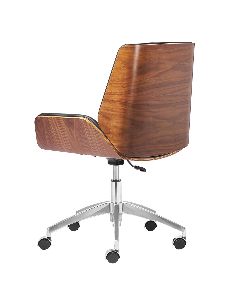 Silla de oficina de cuero sintético Rouven, altura regulable, Asiento: cuero sintético revestido, Asiento: madera de chapa laminada, Patas: metal recubierto, Negro, madera, An 60 x F 52 cm