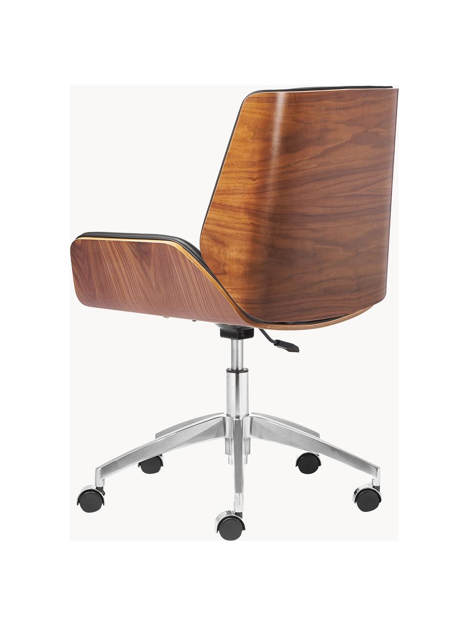 Krzesło biurowe ze sztucznej skóry Rouven, obrotowe, Nogi: metal powlekany, Czarna sztuczna skóra, drewno naturalne, S 60 x G 52 cm