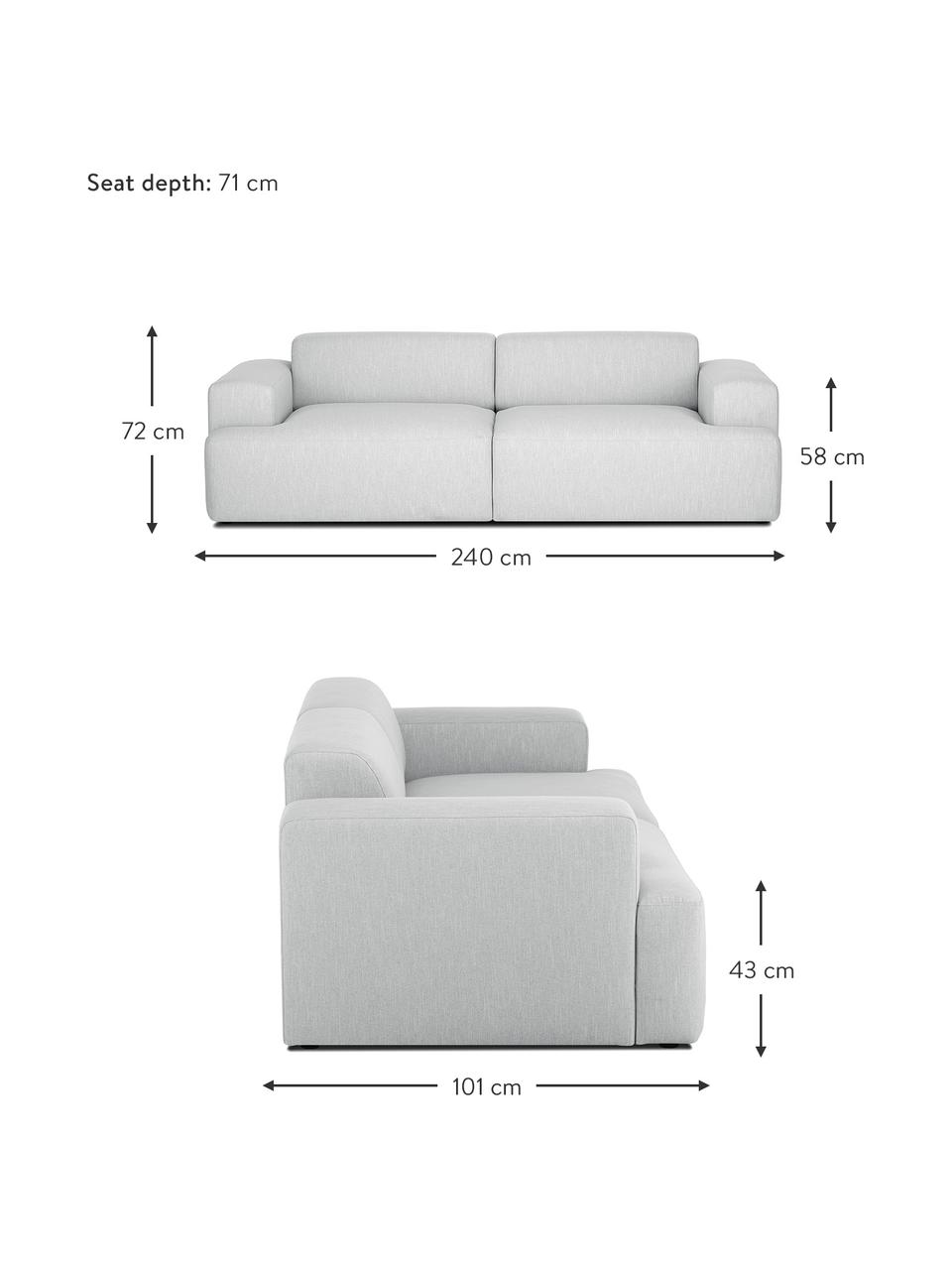 Bank Melva (3-zits) in lichtgrijs, Bekleding: polyester, Frame: massief grenenhout, spaan, Poten: grenenhout De poten bevin, Geweven stof lichtgrijs, B 240 x D 101 cm