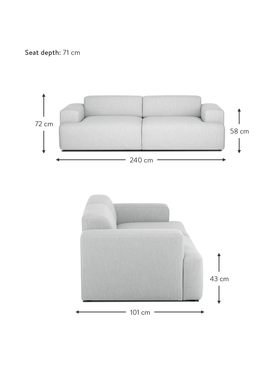 Sofa Melva (3-Sitzer) in Hellgrau, Bezug: Polyester Der hochwertige, Gestell: Massives Kiefernholz, Spa, Webstoff Hellgrau, B 240 x T 101 cm