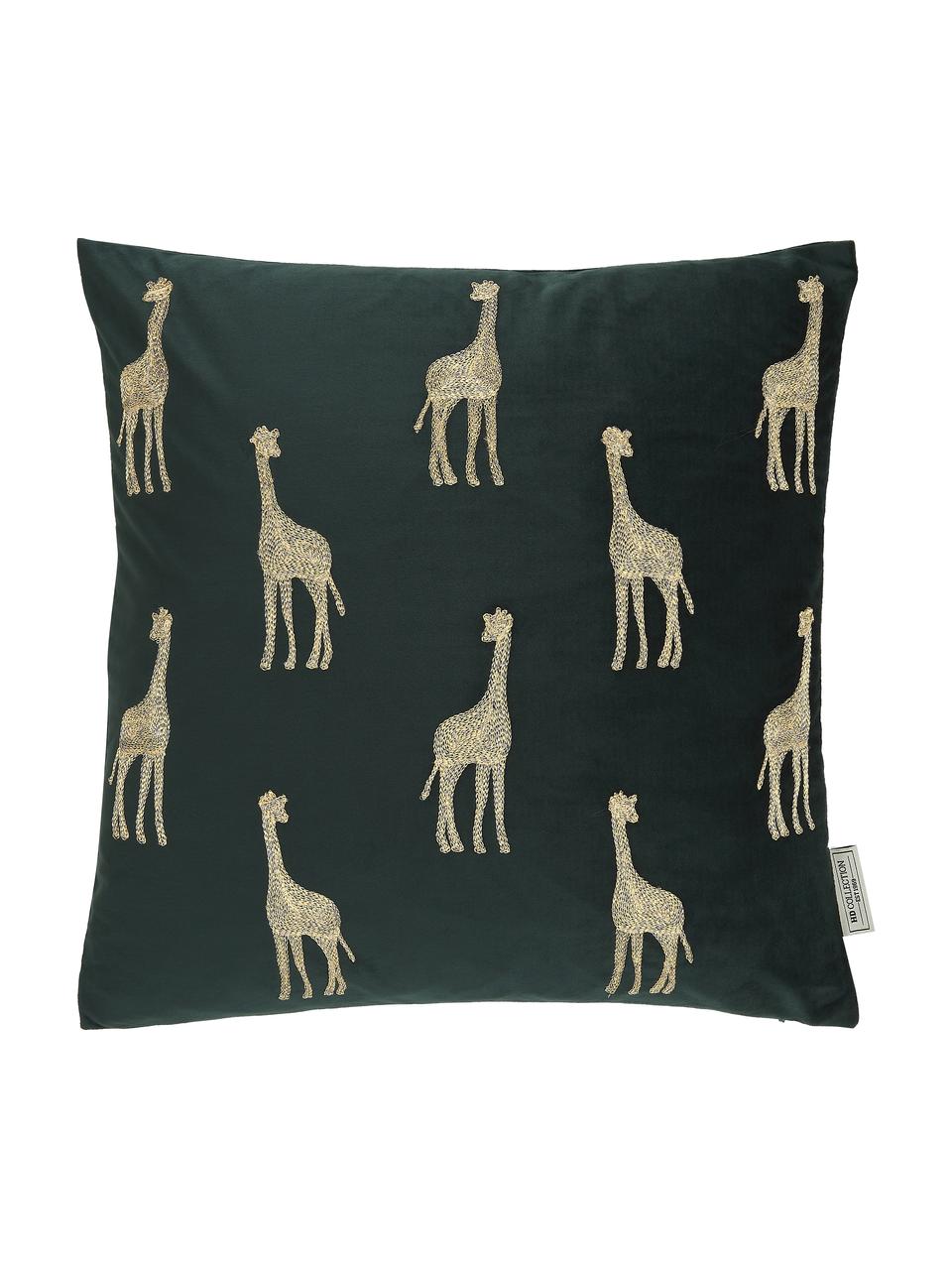 Cuscino con imbottitura in velluto ricamato Giraffe, 100% velluto (poliestere), Verde, dorato, Larg. 45 x Lung. 45 cm