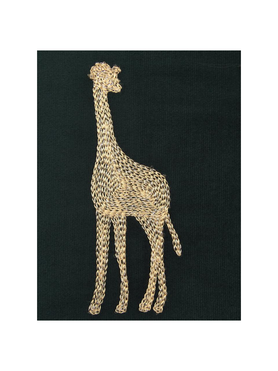 Cuscino con imbottitura in velluto ricamato Giraffe, 100% velluto (poliestere), Verde, dorato, Larg. 45 x Lung. 45 cm