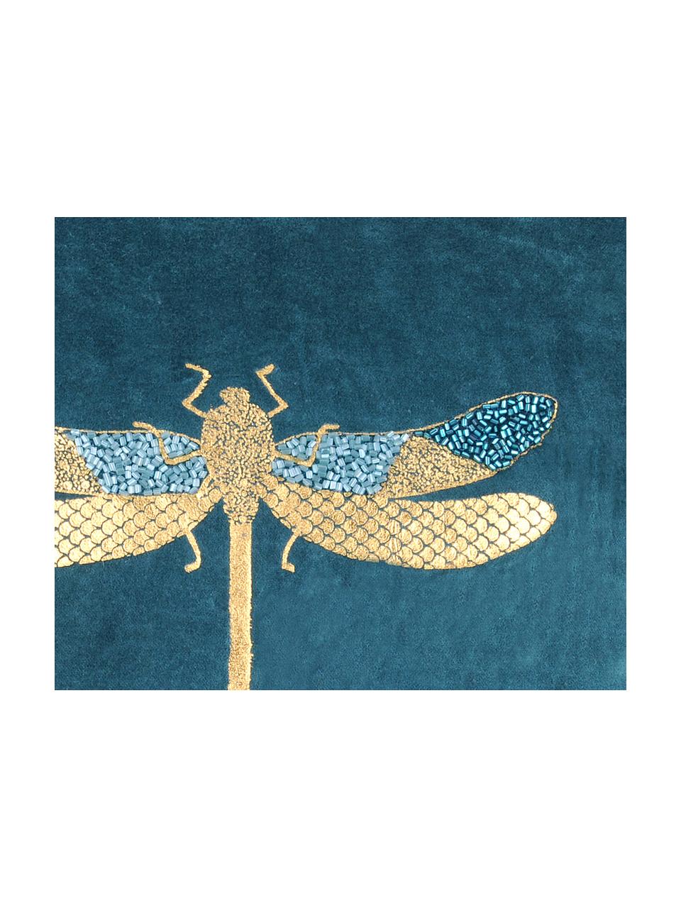 Coussin en velours imprimé libellule Cabaret, Velours de coton, Bleu pétrole, or, larg. 40 x long. 40 cm