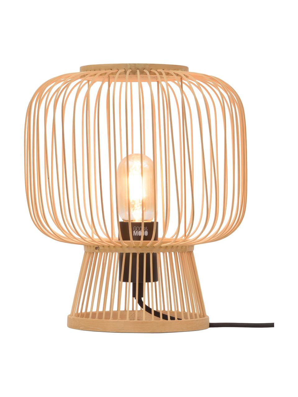 Lámpara de mesa de bambú Cango, estilo boho, Pantalla: bambú, Estructura: metal recubierto, Cable: cubierto en tela, Beige, negro, Ø 30 x Al 30 cm