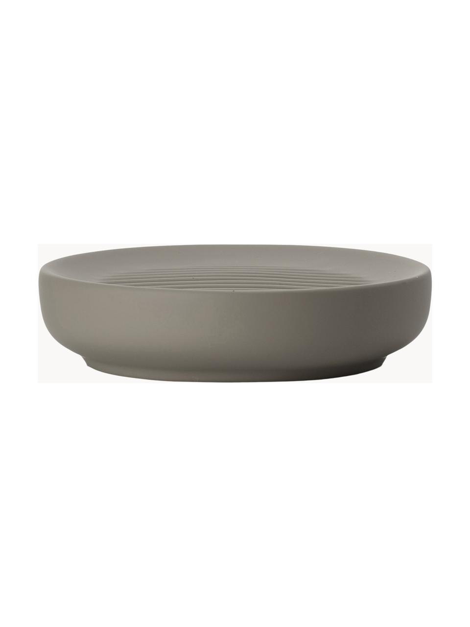 Porte-savon à surface veloutée Ume, Grès cérame recouvert d'une surface Soft-touch (plastique), Taupe, Ø 12 x haut. 3 cm