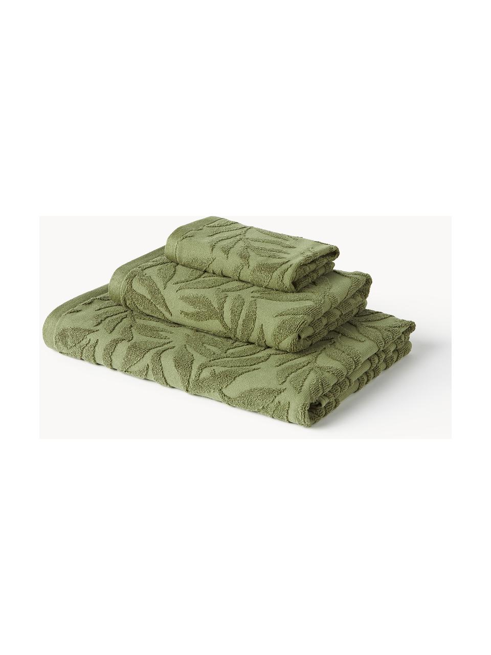 Set de toallas de algodón Leaf, tamaños diferentes, Verde oscuro, Set de 4 (toallas lavabo y toallas de ducha)