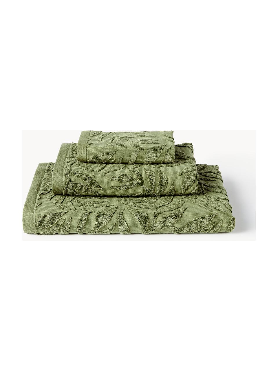 Lot de serviettes de bain en coton Leaf, set de tailles variées, Vert foncé, 4 éléments (2 serviettes de toilette et 2 draps de bain)