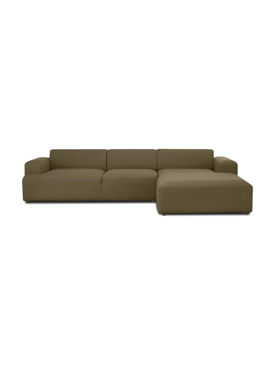 Canapé d'angle 4 places Melva, Tissu vert olive, larg. 319 x prof. 196 cm, méridienne à droite