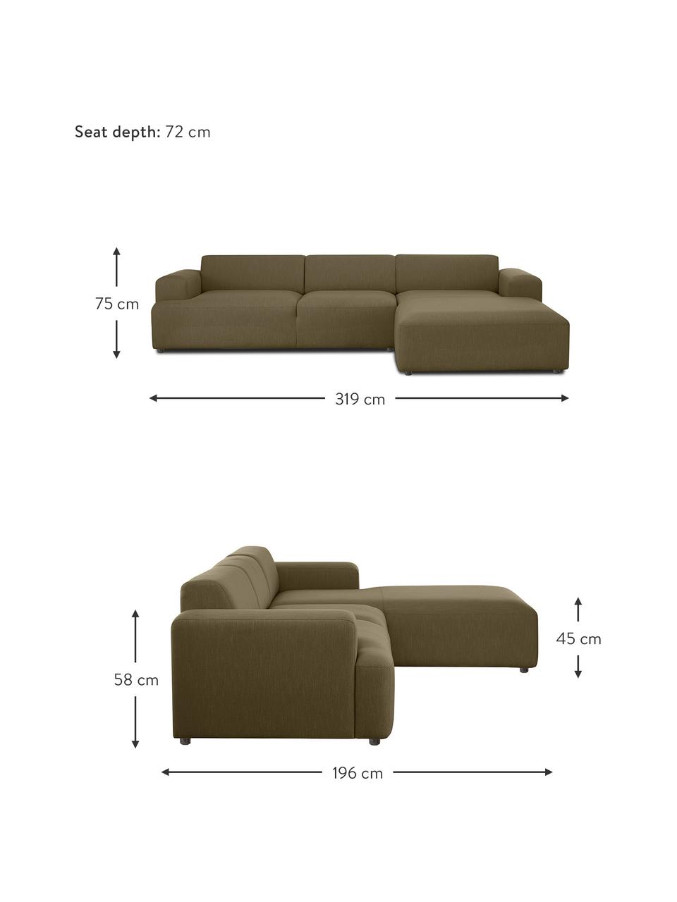 Sofa narożna Melva (4-osobowa), Tapicerka: 100% poliester Dzięki tka, Stelaż: lite drewno sosnowe, cert, Nogi: tworzywo sztuczne, Oliwkowozielona tkanina, S 319 x G 196 cm, prawostronna