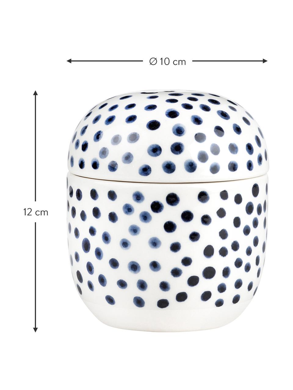 Úložná dóza z kameniny Dots, Kamenina s glazúrou, Biela, modrá, Ø 10 x V 12 cm