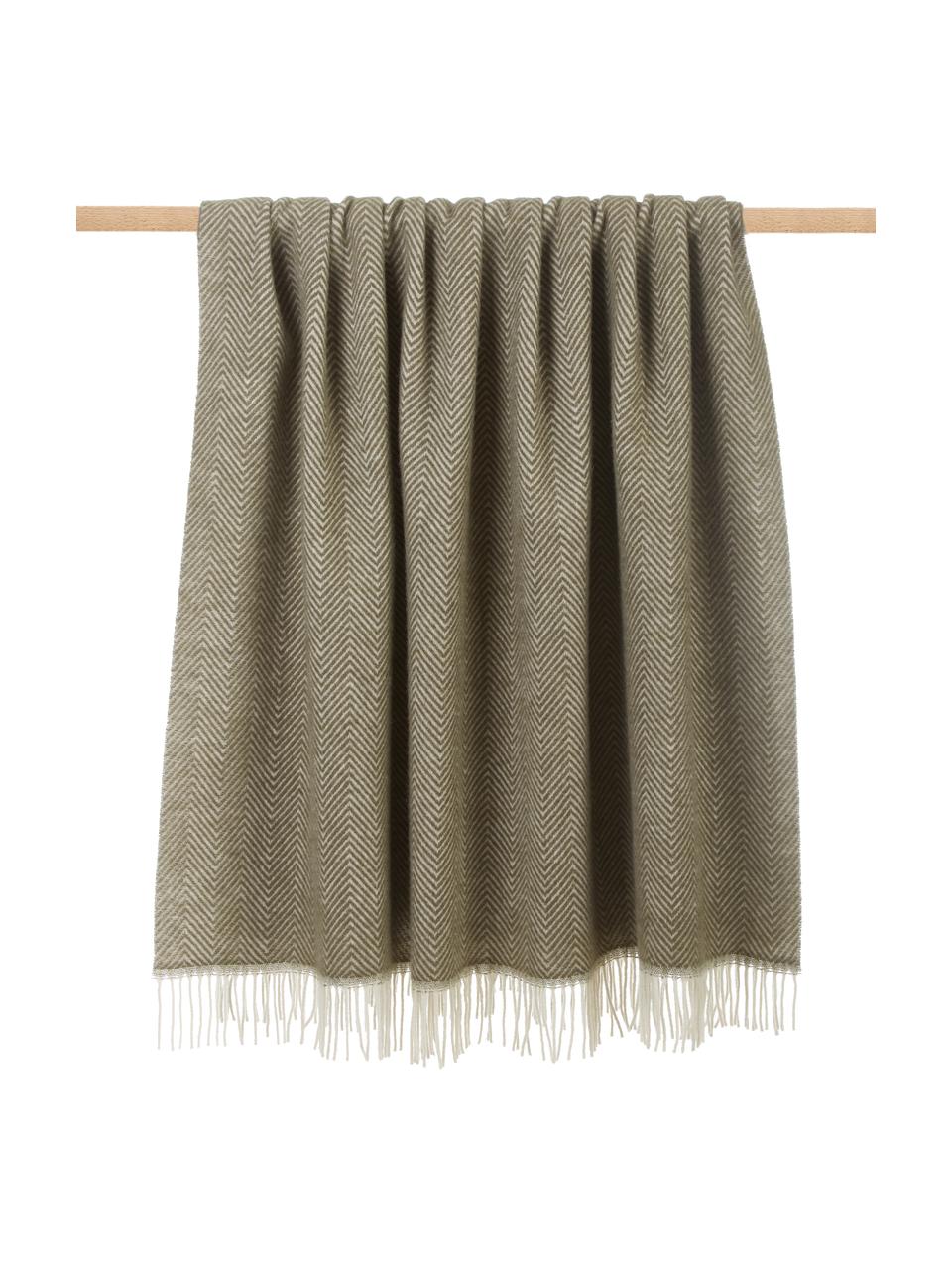 Manta de lana con flecos Tirol-Mona, Verde oliva, An 140 x L 200 cm