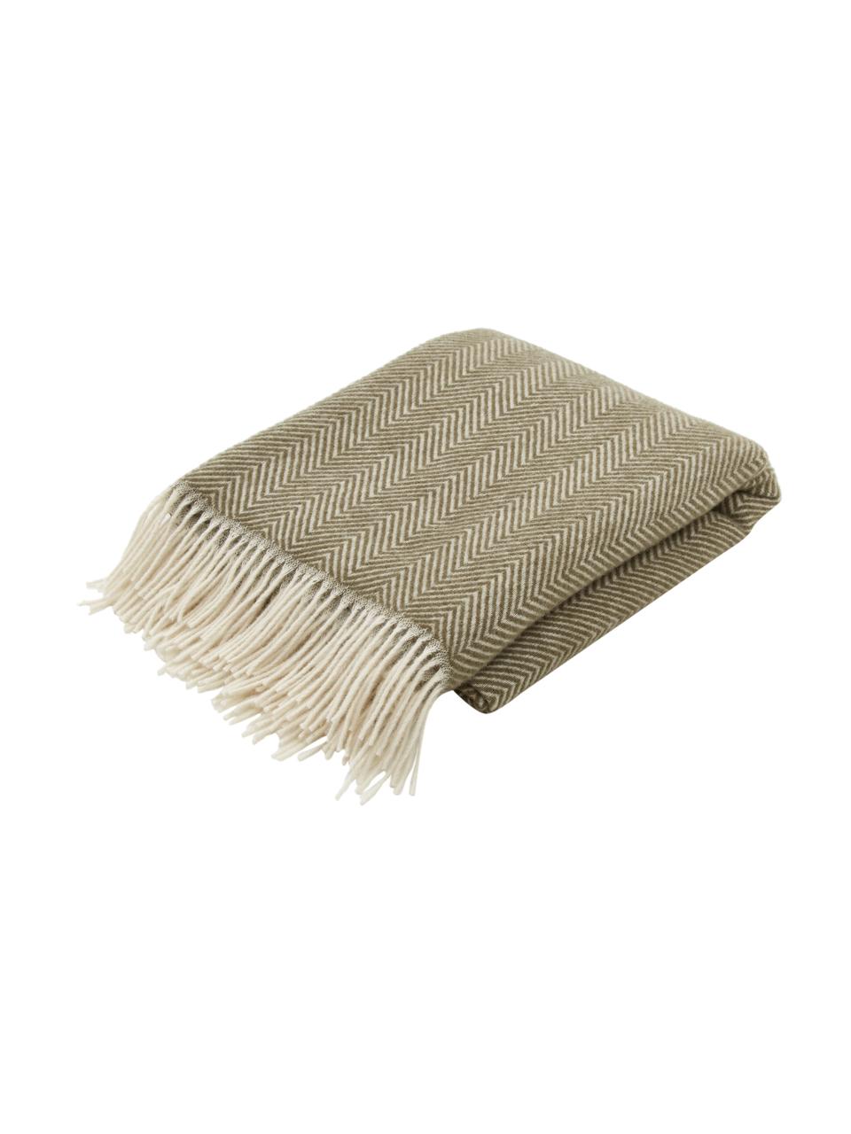 Wollen plaid Tirol-Mona in olijfgroen met visgraatpatroon en franjes, Olijfgroen, B 140 x L 200 cm