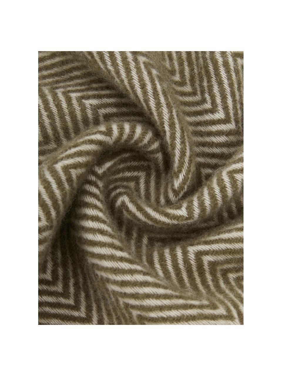 Coperta in lana con motivo a spina di pesce e frange Tirol-Mona, Verde oliva, Larg. 140 x Lung. 200 cm