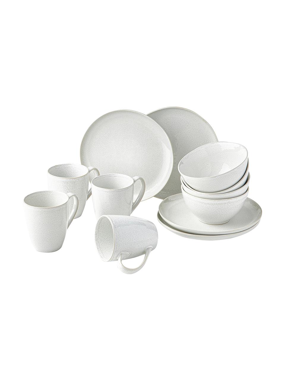 Frühstücks-Set Gemma mit reaktiver Glasur, 4 Personen (12-tlg.), Steingut, Cremeweiß, Set mit verschiedenen Größen