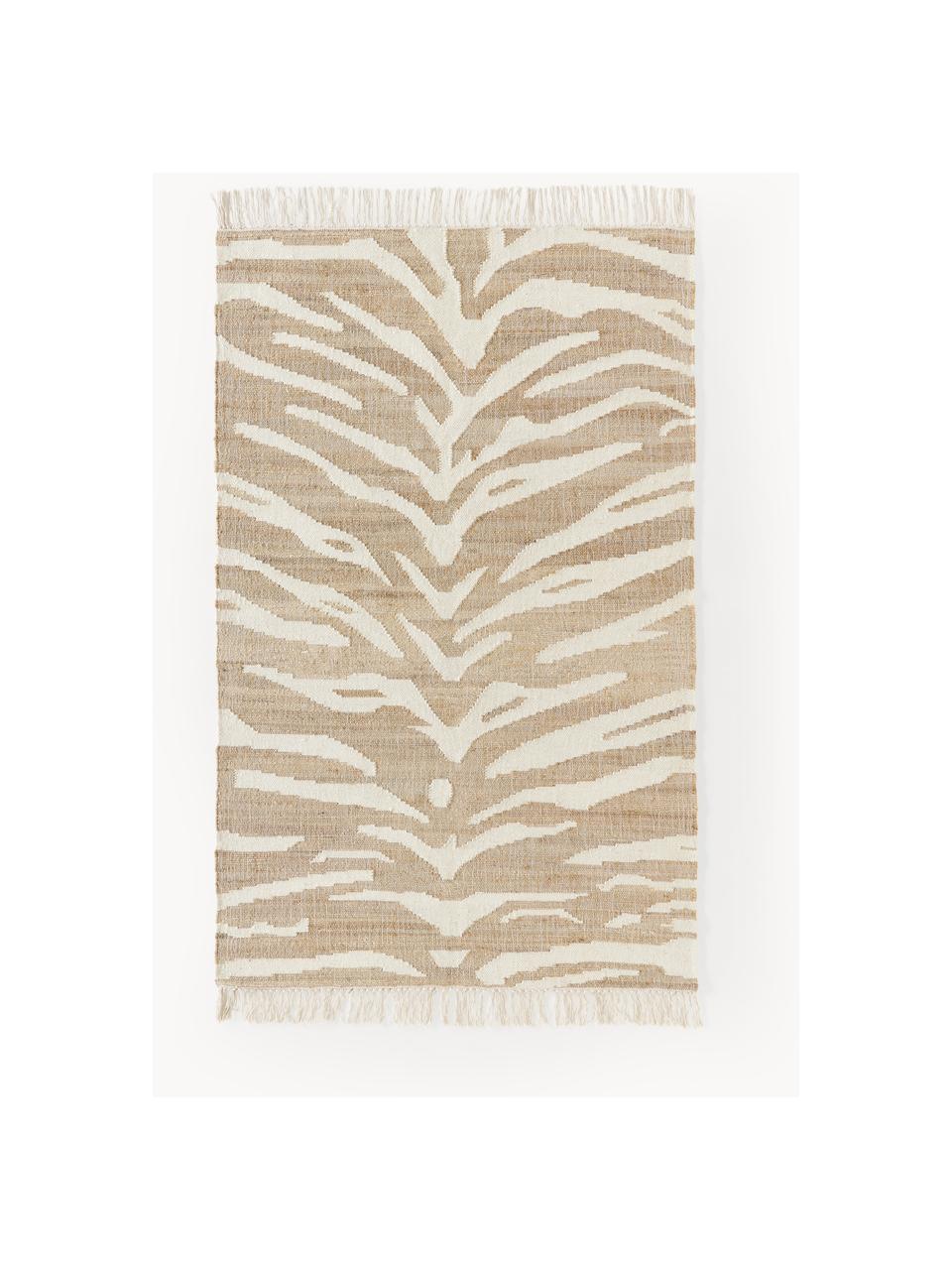 Kurzflor-Teppich Ari mit Fransen und Zebra-Muster, 55 % Jute, 25 % Baumwolle, 20 % Indian Wolle, Beige, Cremeweiss, B 120 x L 180 cm (Grösse S)