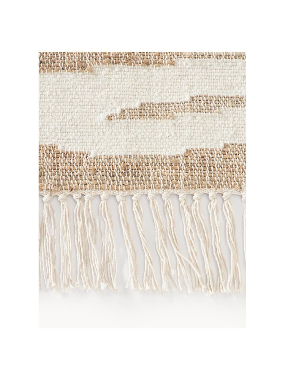 Kortpolig vloerkleed Ari met franjes en zebrapatroon, 55% jute, 25% katoen, 20% Indiase wol, Beige, crèmewit, B 120 x L 180 cm (maat S)