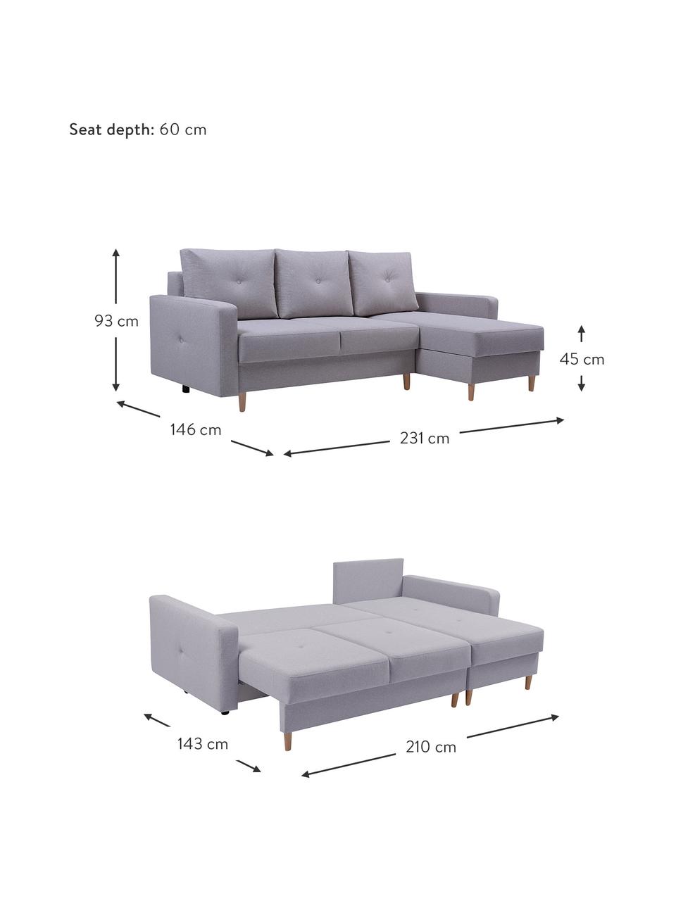 Sofá cama rinconero Vinci, con espacio de almacenamiento, Tapizado: 100% poliéster, Gris, An 231 x F 146 cm