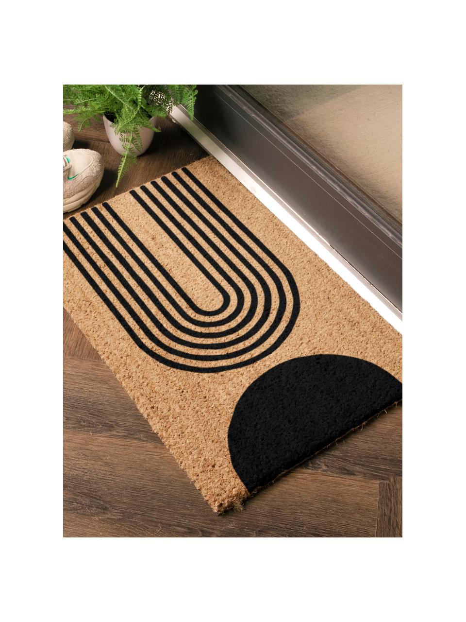 Felpudo Abstract Half Moon, Parte superior: 40% fibras de coco (Coir), Reverso: 60% PVC antideslizante, Beige, negro, An 40 x L 60 cm