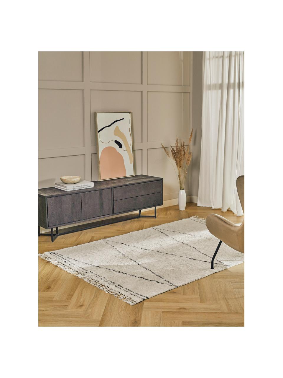 Handgetuft katoenen vloerkleed Asisa met zigzaggend patroon en franjes, 100% katoen, Beige, zwart, B 120 x L 180 cm (maat S)