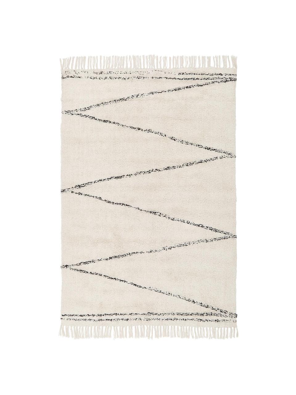 Handgetuft katoenen vloerkleed Asisa met zigzaggend patroon en franjes, 100% katoen, Beige, zwart, B 120 x L 180 cm (maat S)