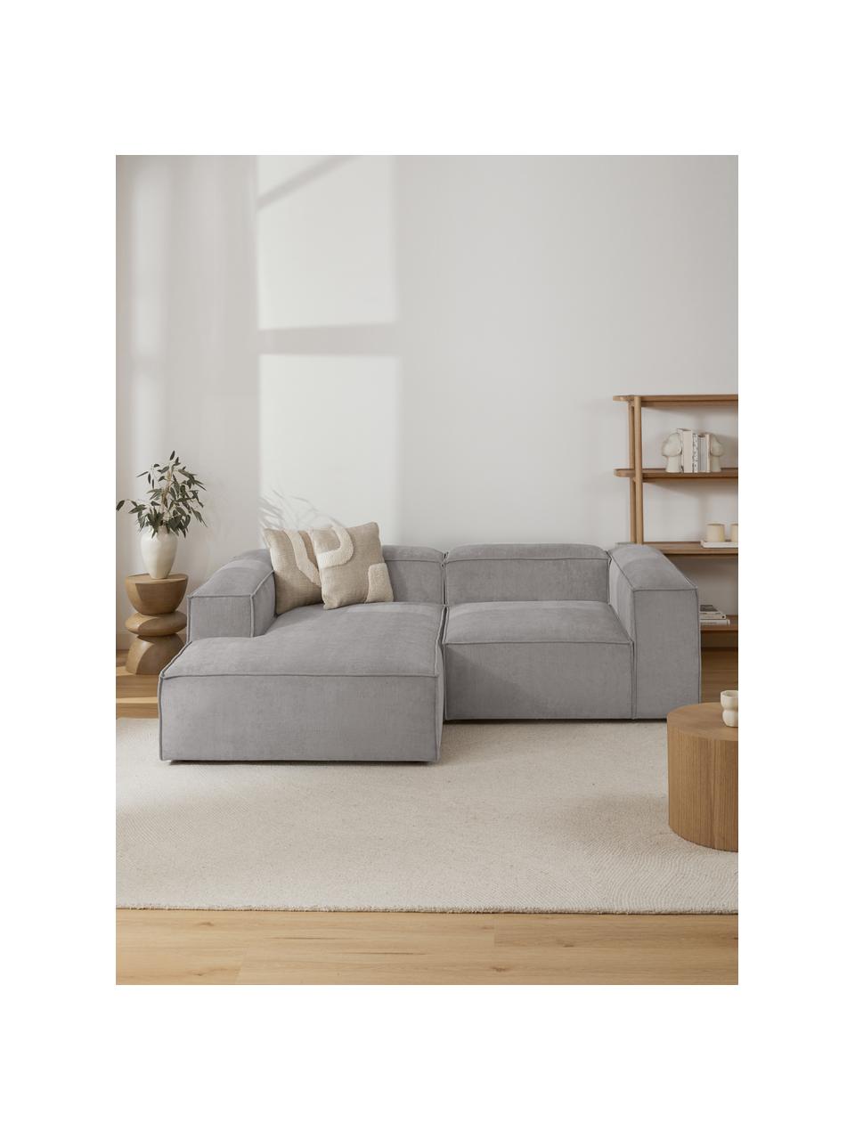 Chaise longue hoekmodule Lennon van corduroy, Bekleding: corduroy (92% polyester, , Frame: massief grenenhout, multi, Poten: kunststof, Corduroy grijs, B 119 x D 180 cm, hoekdeel links