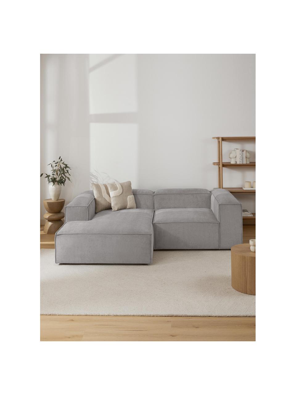 Chaise longue hoekmodule Lennon van corduroy, Bekleding: corduroy (92% polyester, , Frame: massief grenenhout, multi, Poten: kunststof Dit product is , Corduroy grijs, B 119 x D 180 cm, hoekdeel links