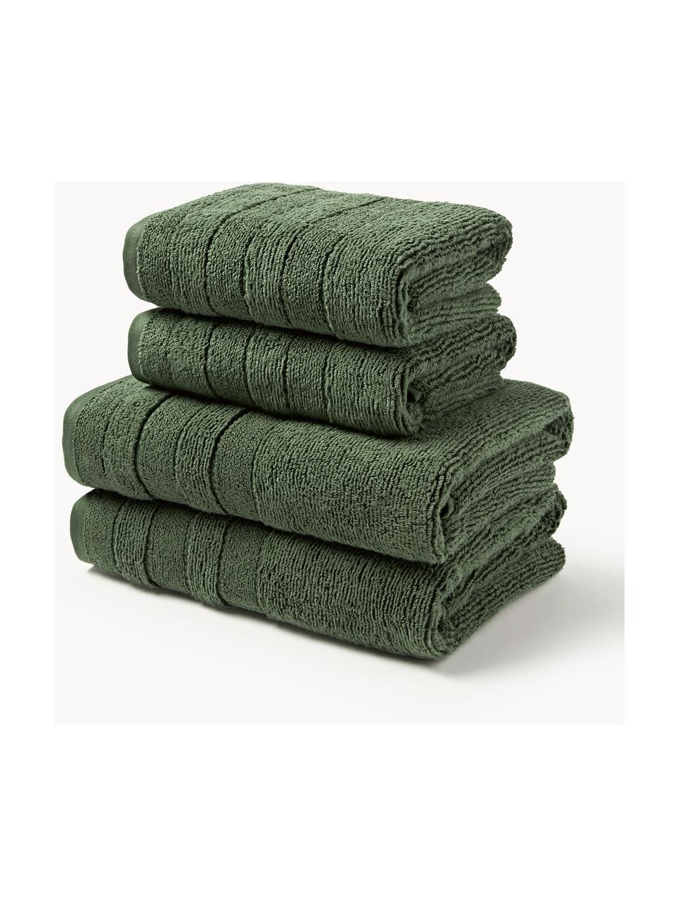 Lot de serviettes de bain avec bordure décorative Luxe, set de tailles variées, Vert foncé, 3 éléments (1 serviette invité, 1 serviette de toilette et 1 drap de bain)