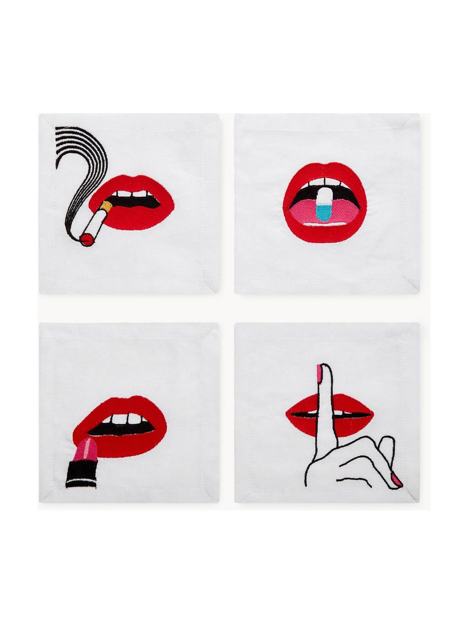 Set di 4 tovaglioli in lino Lips, Lino, Bianco, rosso, nero, Larg. 15 x Lung. 15 cm