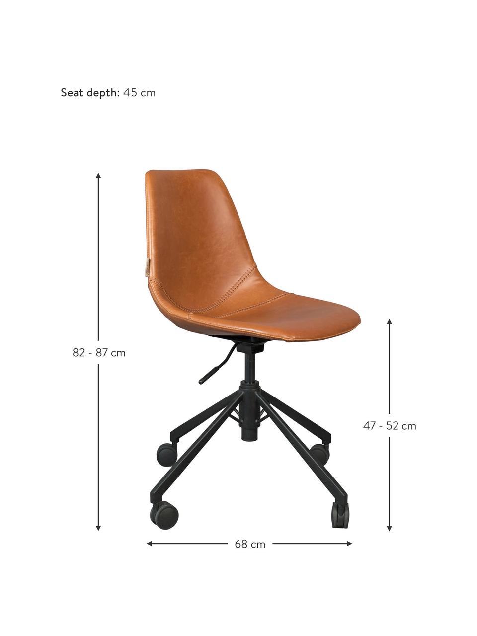 Kunstleder-Bürodrehstuhl Franky, höhenverstellbar, Bezug: Kunstleder (Polyurethan), Beine: Metall, pulverbeschichtet, Rollen: Kunststoff, Braun, B 68 x T 68 cm