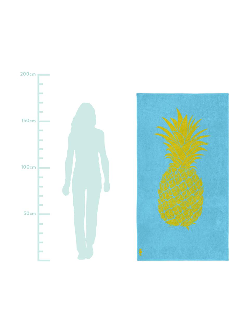 Strandtuch Ananas, 100% Velours (Baumwolle)
mittelschwere Stoffqualität, 420 g/m², Hellblau, Gelb, 100 x 180 cm