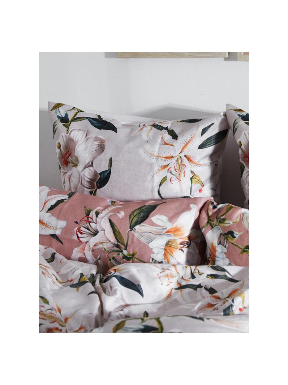 Baumwollsatin-Bettwäsche Flori in Beige mit Blumen-Print, Webart: Satin Fadendichte 210 TC,, Vorderseite: Beige, Cremeweiß Rückseite: Beige, 200 x 200 cm + 2 Kissen 80 x 80 cm