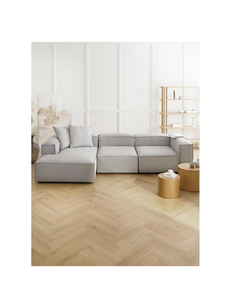 Modulaire hoekbank Lennon, Bekleding: 100% polyester De slijtva, Frame: massief grenenhout, FSC-g, Poten: kunststof, Geweven stof lichtgrijs, B 327 x D 180 cm, hoekdeel links