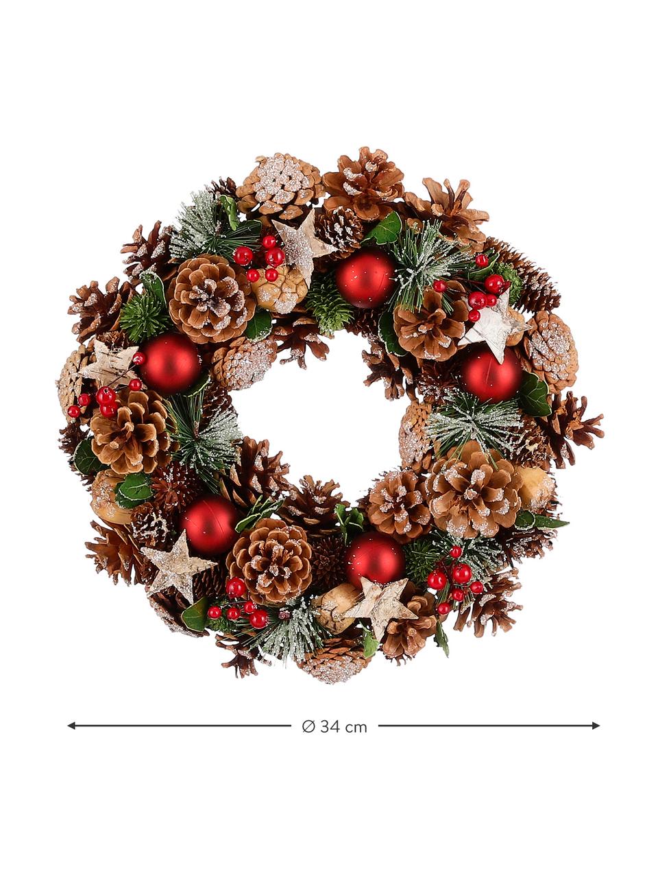 Corona navideña Tom, Piñas, adornos navideños, ramas de abeto y bayas artificiales, Verde, marrón, rojo, Ø 34 x Al 9 cm