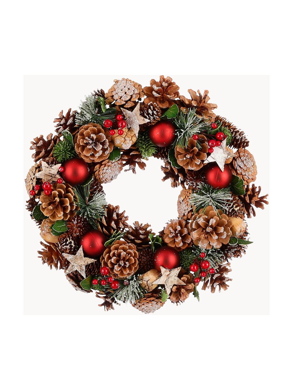 Vánoční věnec Tom, Šišky, vánoční ozdoby, větve jedle z umělé hmoty a bobule z umělé hmoty, Tmavě zelená, červená, hnědá, Ø 34 cm