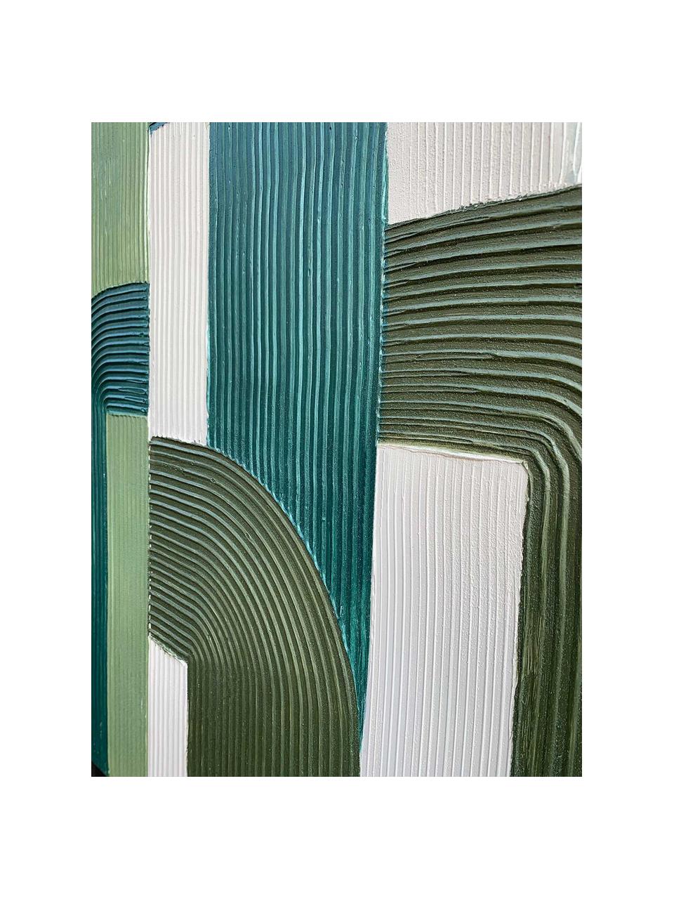 Handbeschilderde canvasdoek Green Lines, Groentinten, gebroken wit, B 100 x H 100 cm