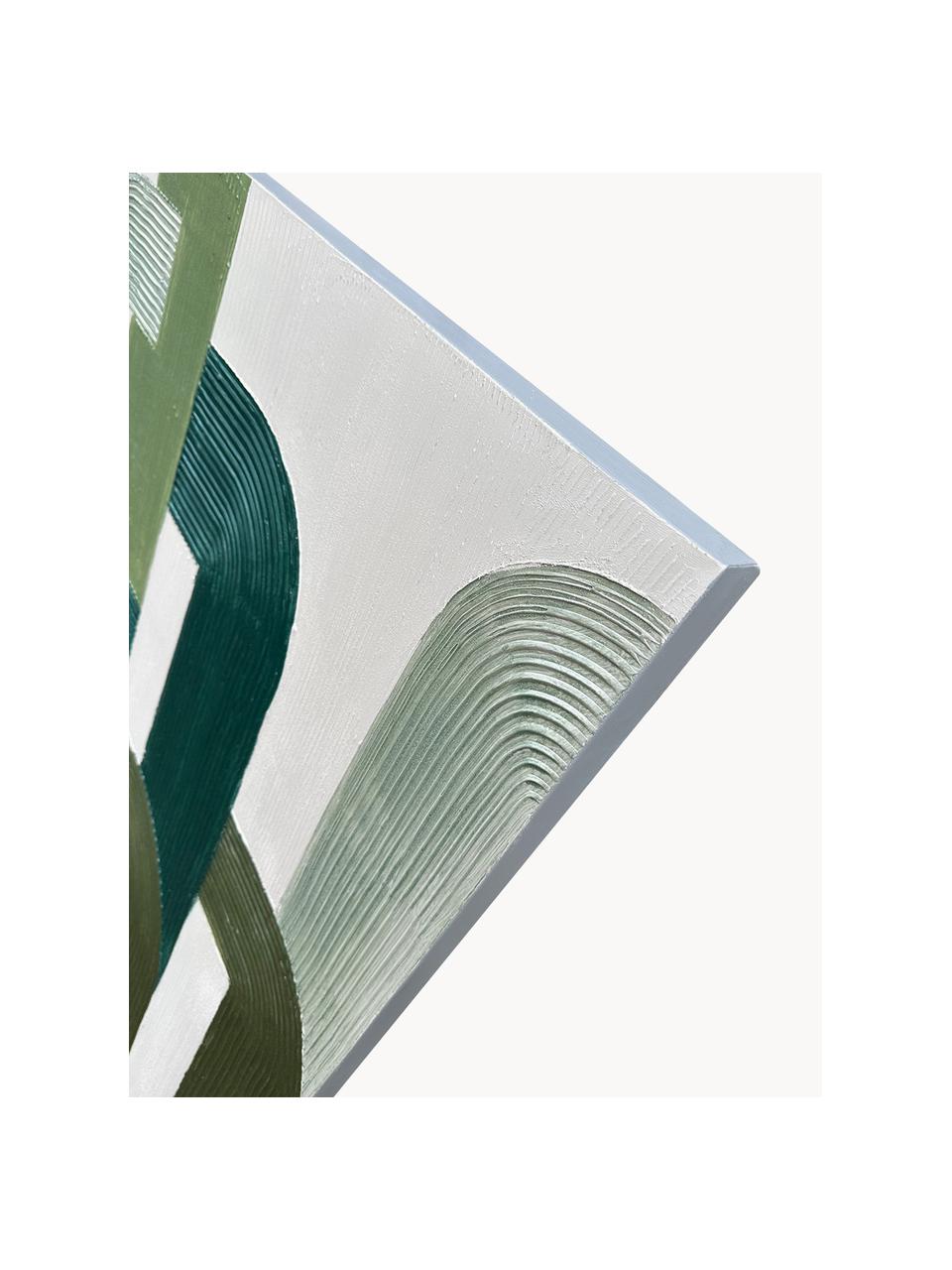 Tela dipinta a mano Green Lines, Tonalità verdi, bianco latte, Larg. 100 x Alt. 100 cm