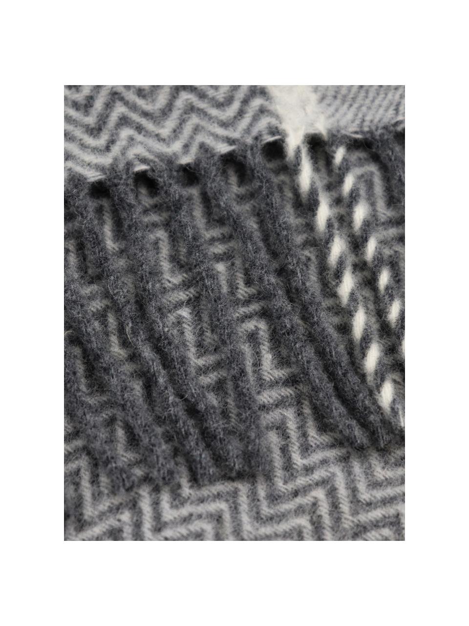 Plaid gris laine vierge à chevrons Lia, Gris, blanc cassé