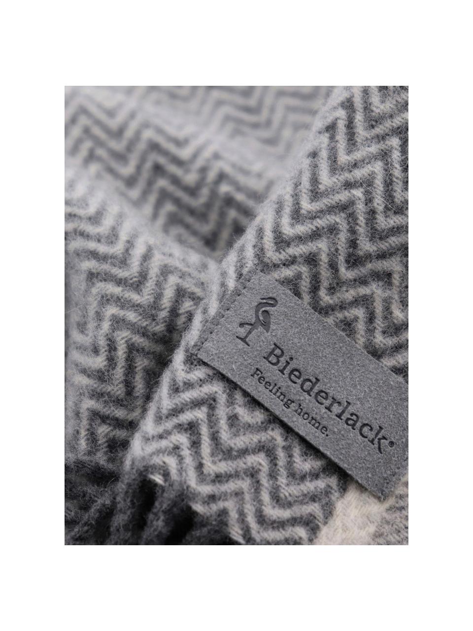 Plaid gris laine vierge à chevrons Lia, Gris, blanc cassé