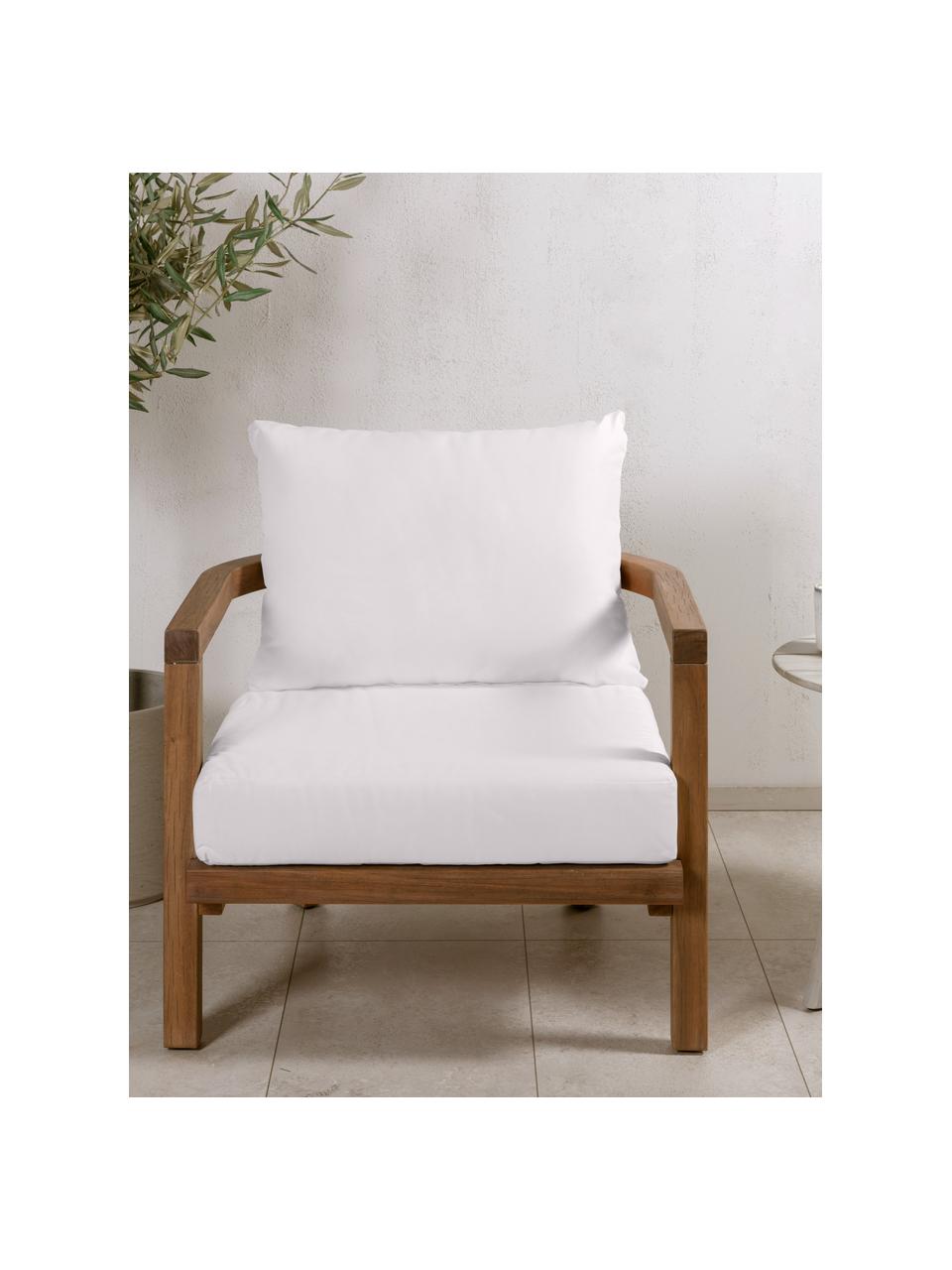 Sillón para exterior de acacia Erica, Estructura: madera de acacia, aceitad, Asiento: tejido (100% poliéster), Tejido blanco, madera de acacia, An 71 x Al 55 cm