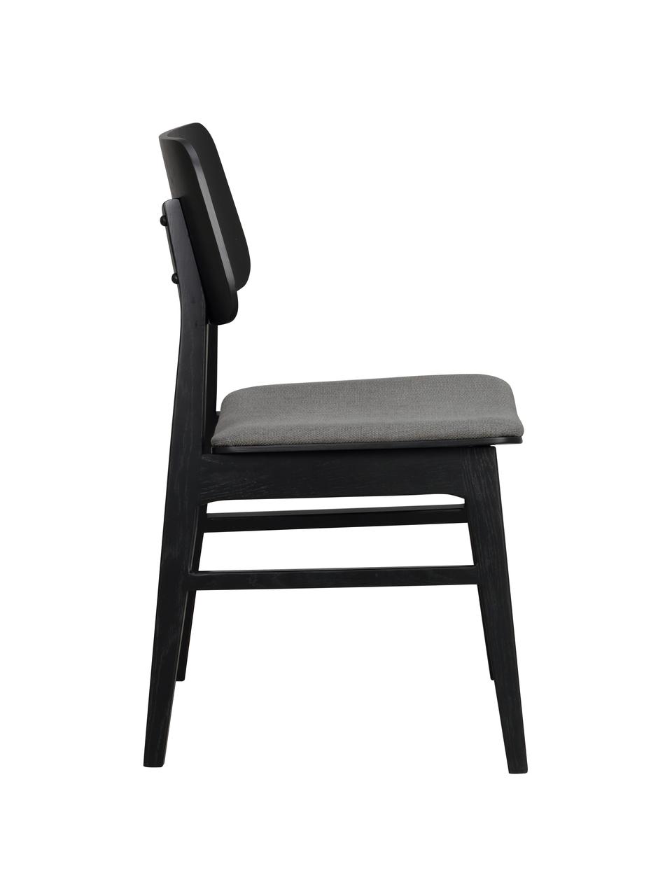 Chaise en bois avec assise rembourrée Nagano, 2 pièces, Tissu gris foncé, bois de chêne noir laqué, larg. 50 x prof. 51 cm