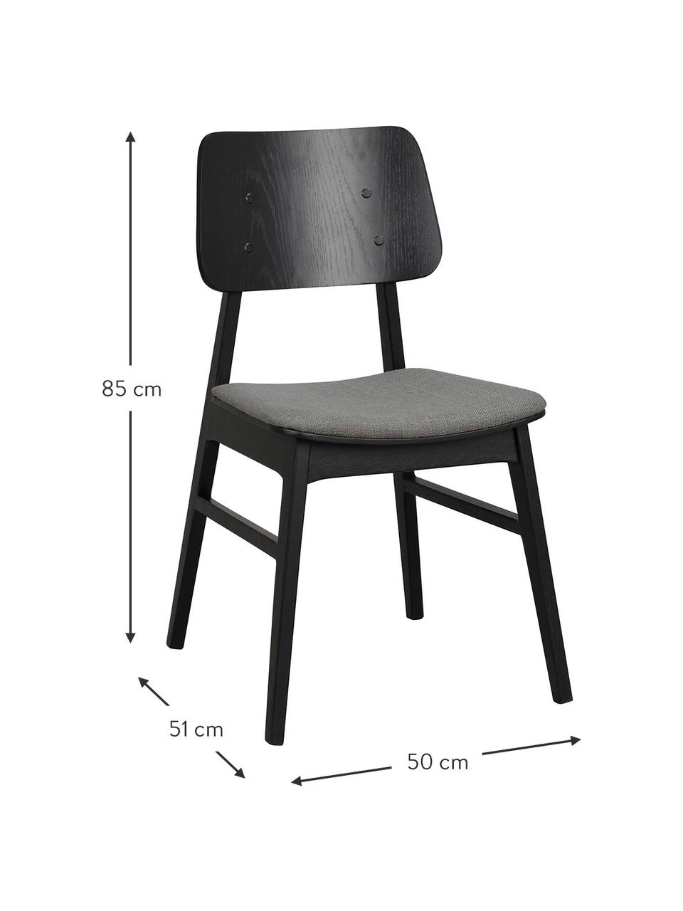 Dřevěné židle s čalouněnou sedací částí Nagano, 2 ks, Tmavě šedá, černě lakované dubové dřevo, Š 50 cm, H 51 cm