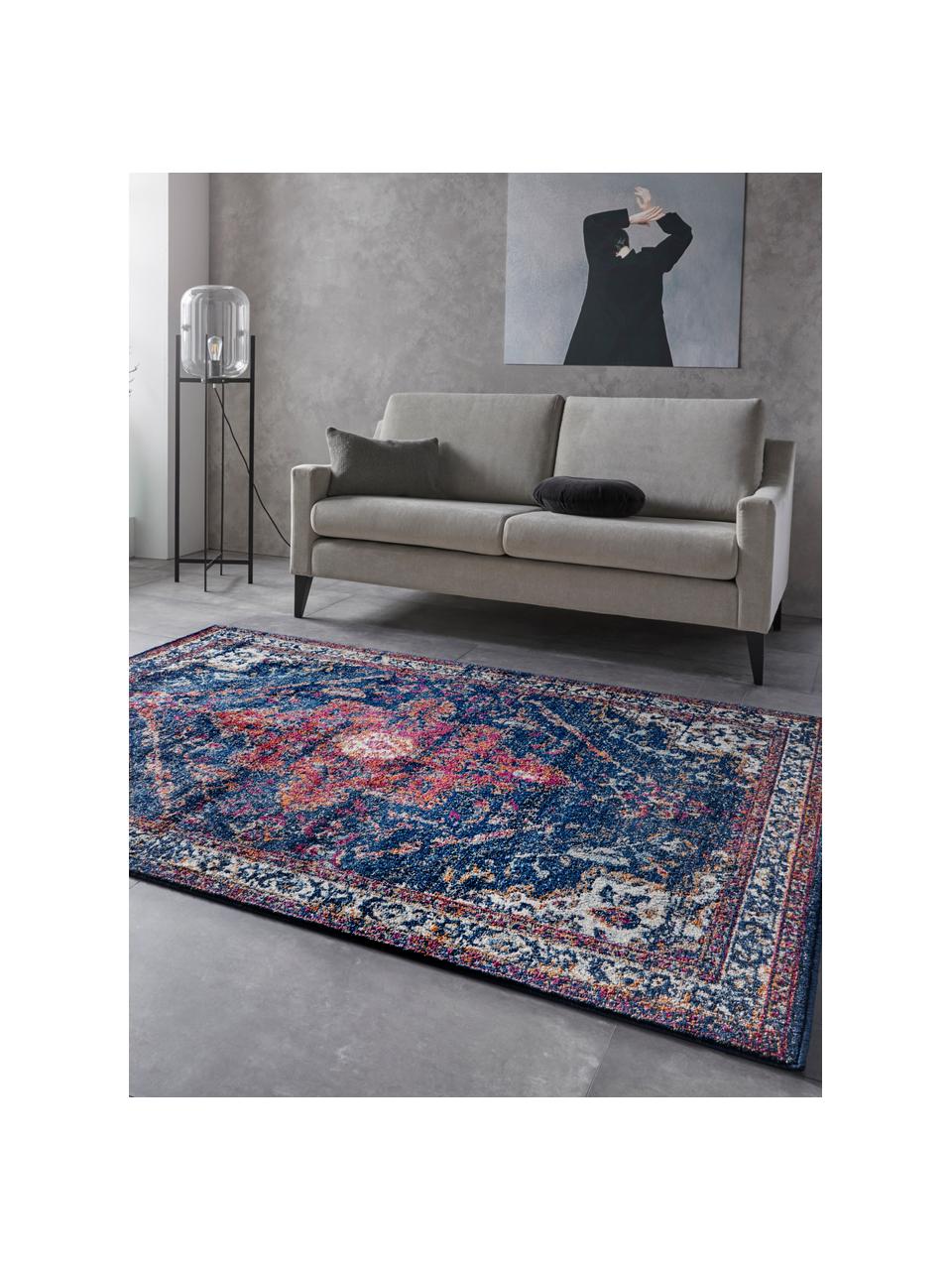 Tapis vintage Azrow, Bleu foncé, rouge