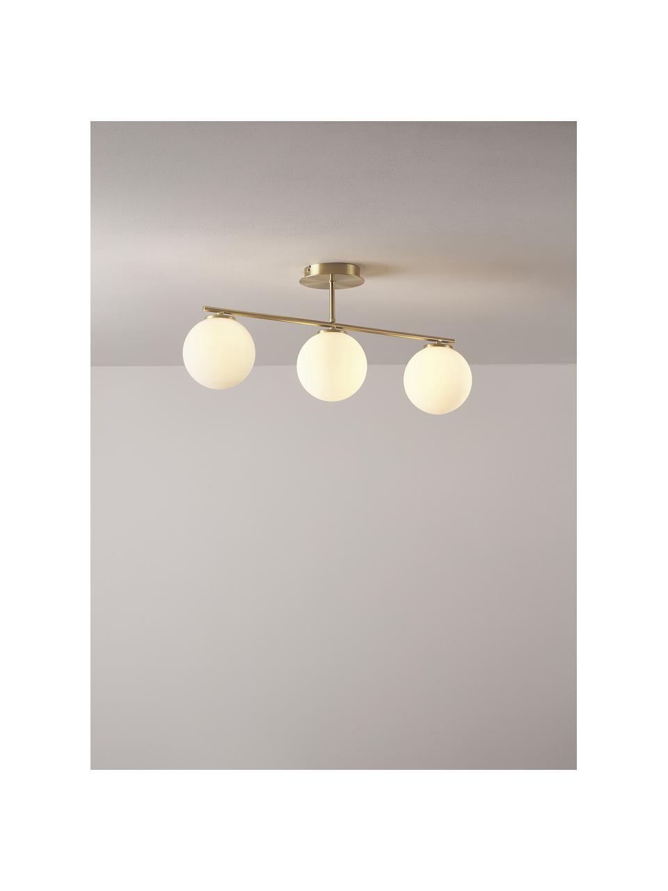 Plafondlamp Atlanta van opaalglas, Baldakijn: vermessingd metaal, Wit, messingkleurig, Ø 15 x H 28 cm