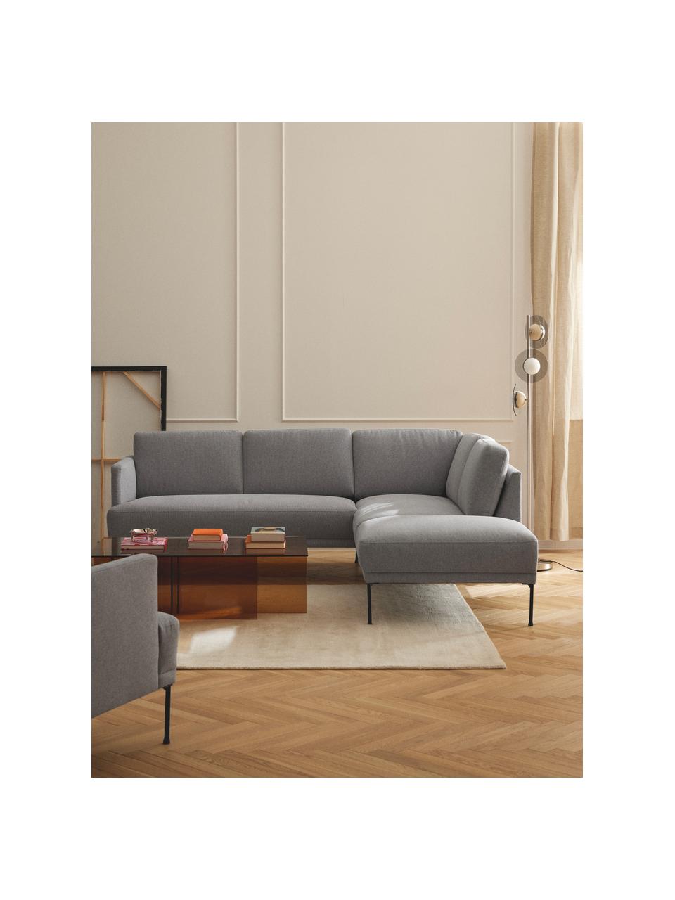 Sofa narożna Fluente, Tapicerka: 100% poliester Dzięki tka, Stelaż: lite drewno sosnowe, skle, Nogi: metal malowany proszkowo , Jasnoszara tkanina, S 221 x G 200 cm, lewostronna