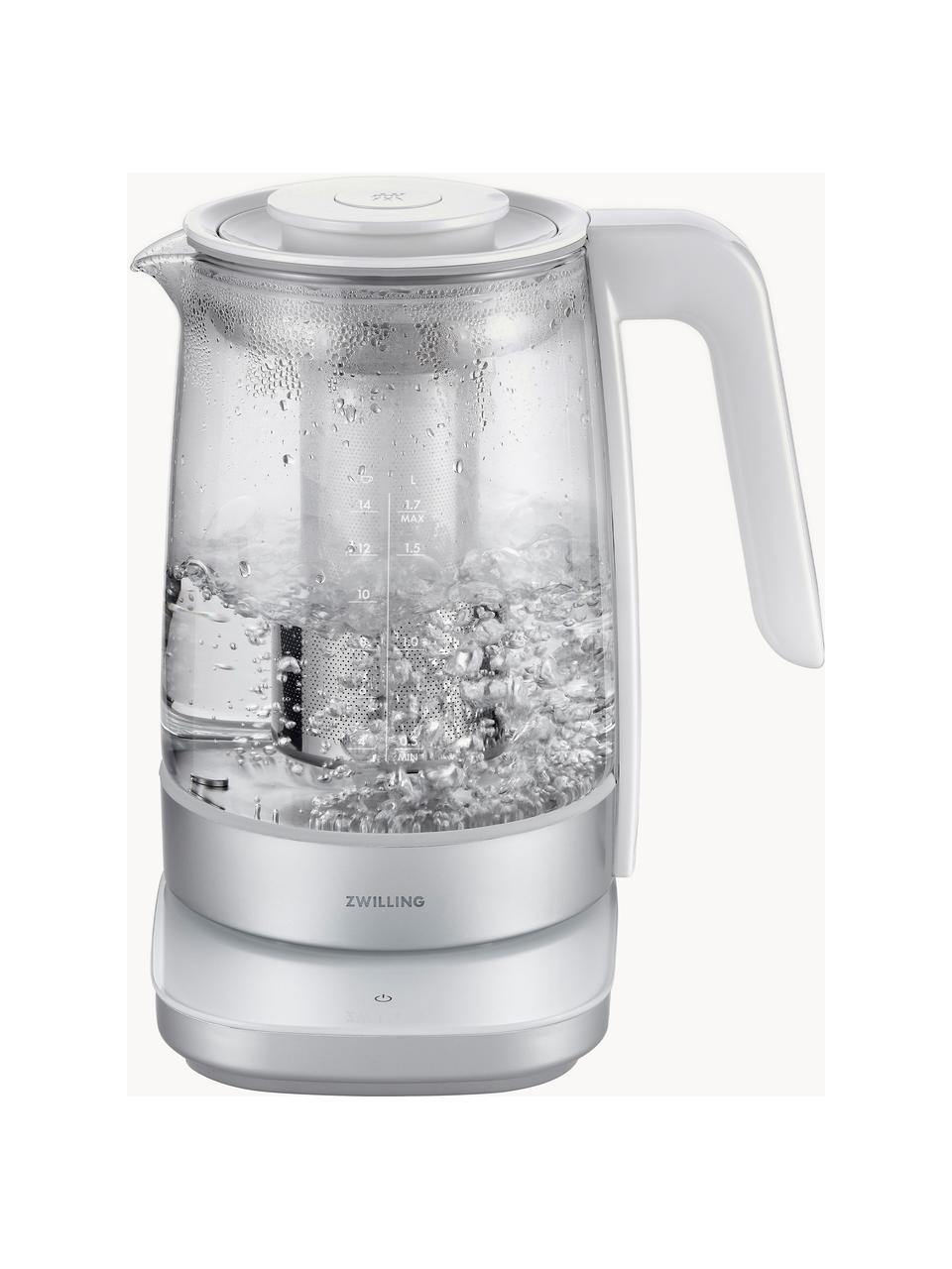 Waterkoker Enfinigy van glas met thee inzetstuk 1.7 L, Wit, zilverkleurig, 1,7 l